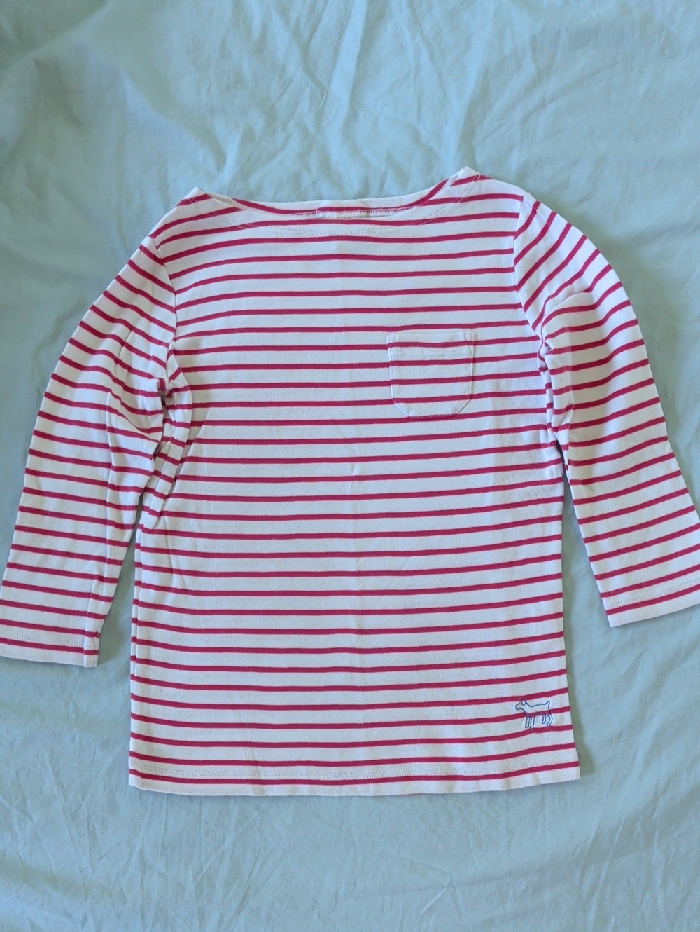Mini Boden Girls Boatneck 3/4 Sleeve Tee - Red and White Stripe, Size 9-10